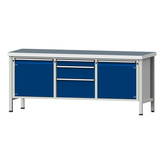 Box workbench V/T-BL 2000 mm, model 126 UBP 50 mm, RAL 7035/5010, 850x2000x700 - Cabinet workbench 3 blocks models 120 - 127
