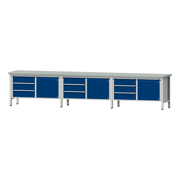 Box workbench V/T-BL 4050 mm, model 106 ZBP 40 mm, RAL 7035/5010, 840x4050x700 - Cabinet workbench 6 blocks