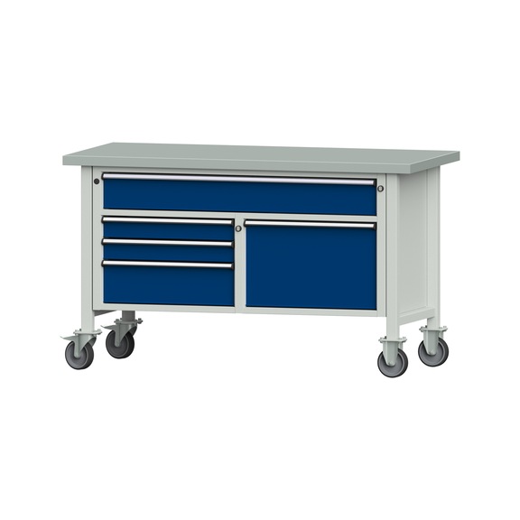 Box workbench 1500, 3-part housing, model 256 ZBP, 40 mm, 7035/5010, 890x1500x700 - Cabinet workbench 2 blocks 1500 3-piece