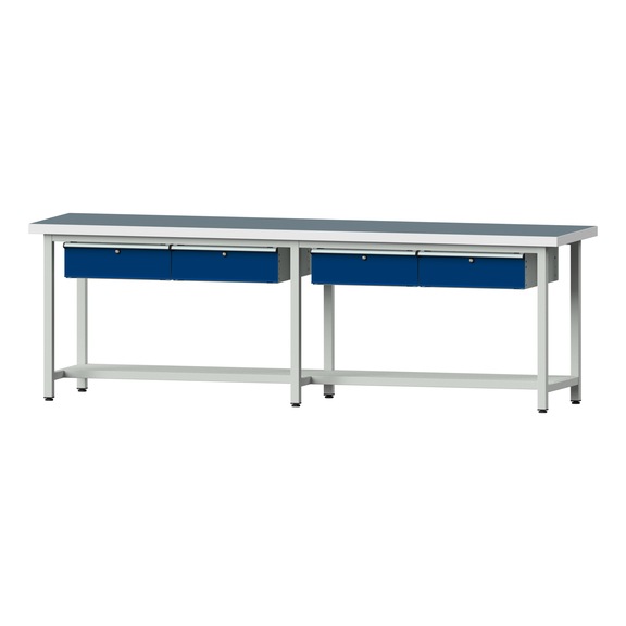 Arbeitstisch, Modell 95, UBP 50 mm, RAL 7035/RAL 5010, 900 x 2800 x 700 mm - Arbeitstisch 2800 mm statisch