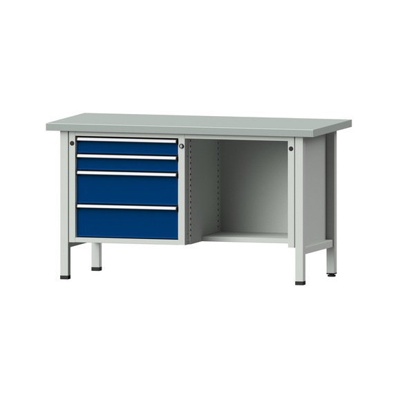 Box workbench V/T-BL 1500 mm, model 334 ZBP 40 mm, RAL 7035/5010, 840x1500x700 - Cabinet workbench 2 blocks models 216 - 409