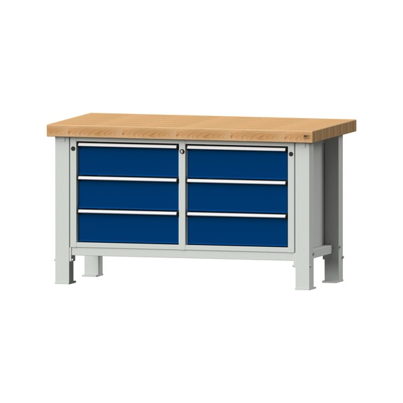 Heavy-duty workbench VS/TS-BL 1500 mm, model 108, BMP 65 mm, RAL 7035/RAL 5010 - Heavy-duty workbench