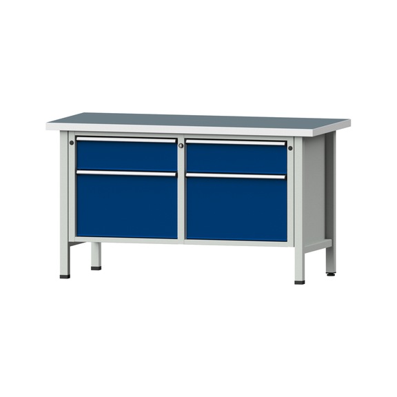 Box workbench V/T-BL 1500 mm, model 205 UBP 40 mm, RAL 7035/5010, 840x1500x700 - Cabinet workbench 2 blocks models 103 - 209