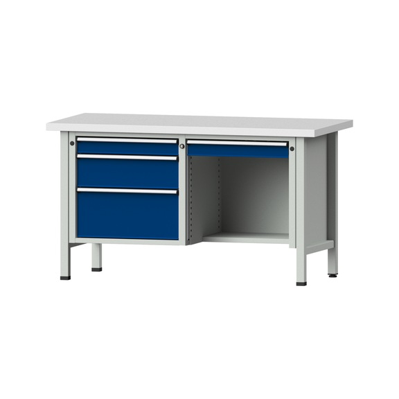 Box workbench V/T-BL 1500 mm, model 348 KSP 40 mm, RAL 7035/5010, 840x1500x700 - Cabinet workbench 2 blocks models 216 - 409