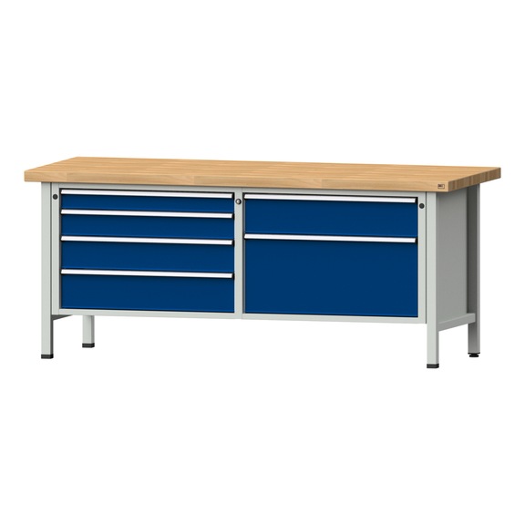 Box workbench VX 2000 mm, model 237, BMP 50 mm, RAL 7035/5010, 850x2000x800 mm - Cabinet workbench V - X 2000 mm 2 blocks