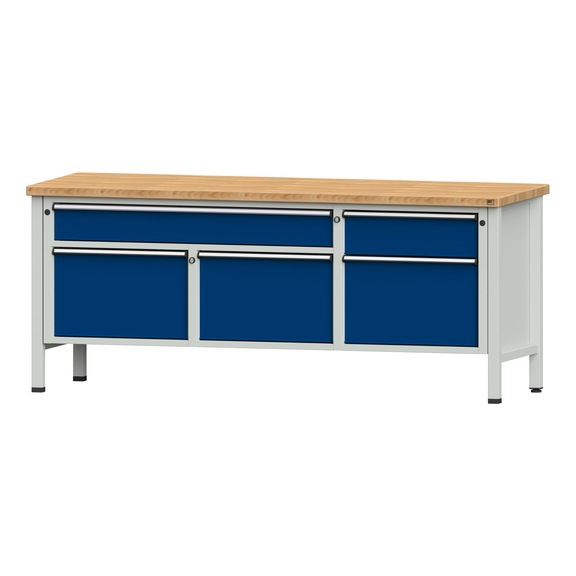 Box workbench 2000 4-part housing model 280 BMP 40 mm 7035/5010, 840 x 2000 x 700 - Cabinet workbench 3 blocks 2000 4-piece