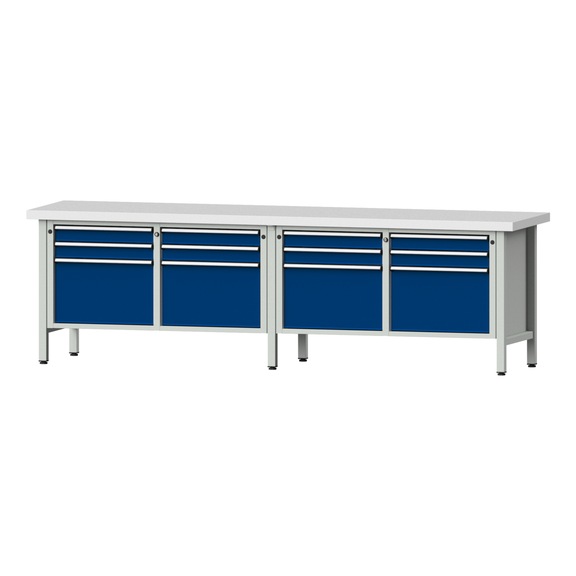 Box workbench V/T-BL 2800 mm, model 233 KSP 50 mm, RAL 7035/5010, 850x2800x700 - Cabinet workbench 4 blocks