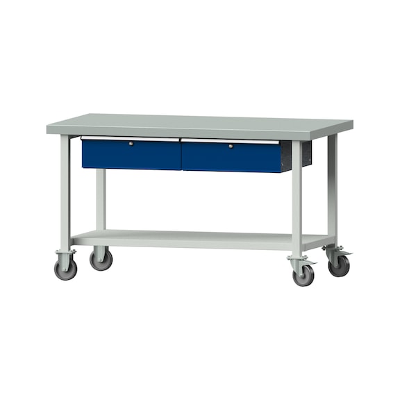 Arbeitstisch, Modell 165, ZBP 50 mm, RAL 7035/RAL 5010, 850 x 1500 x 800 mm - Arbeitstisch 1500 mm fahrbar