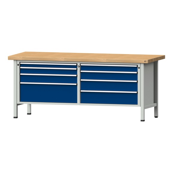 Box workbench VX 2000 mm, model 144, BMP 50 mm, RAL 7035/5010, 850x2000x800 mm - Cabinet workbench V - X 2000 mm 2 blocks