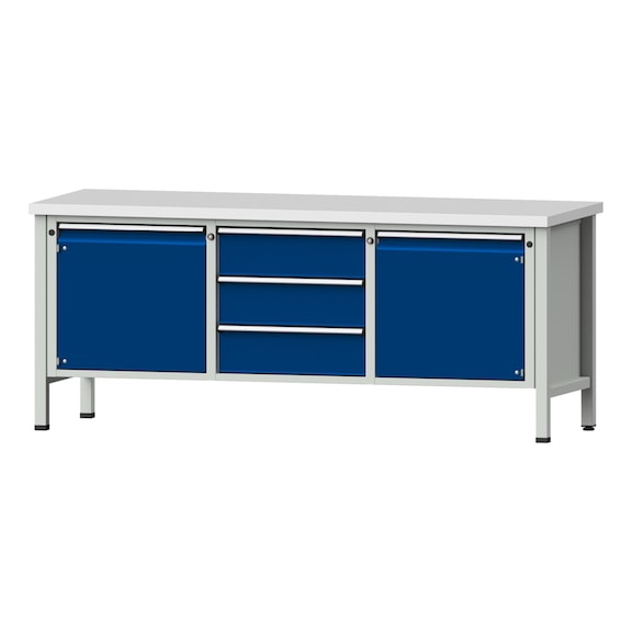 Box workbench V/T-BL 2000 mm, model 122 KSP 40 mm, RAL 7035/5010, 840x2000x700 - Cabinet workbench 3 blocks models 120 - 127