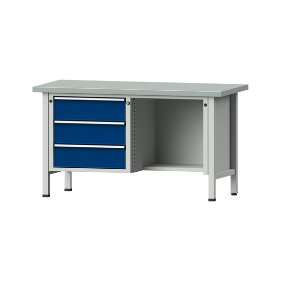 Box workbench V/T-BL 1500 mm, model 303 ZBP 40 mm, RAL 7035/5010, 840x1500x700 - Cabinet workbench 2 blocks models 216 - 409