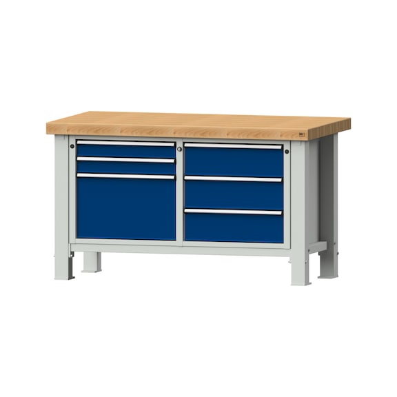 Heavy-duty workbench VS/TS-BL 1500 mm, model 207, BMP 65 mm, RAL 7035/RAL 5010 - Heavy-duty workbench