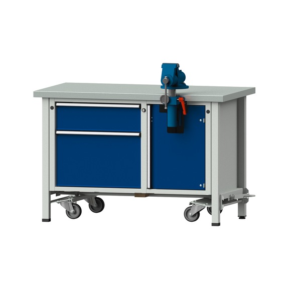 Assembly workbench V/T-BL, model 701, ZBP 40 mm, RAL 7035/5010, 840x1270x700 mm - Assembly workbench roller base