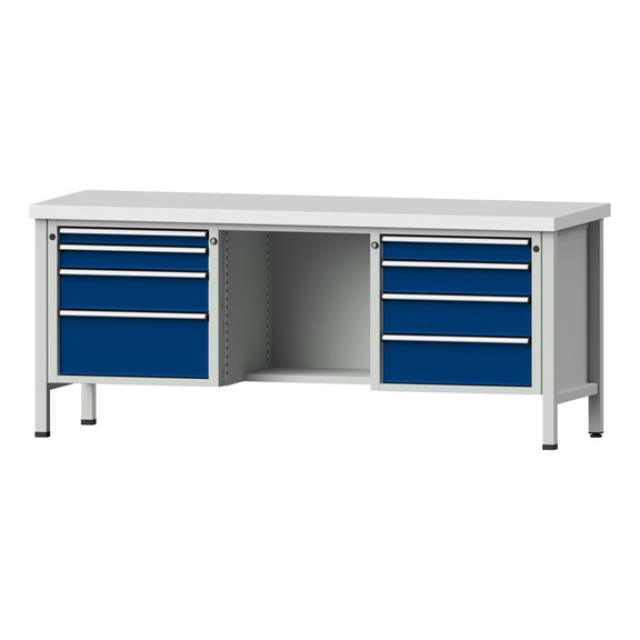 Box workbench V/T-BL 2000 mm, model 327 KSP 50 mm, RAL 7035/5010, 850x2000x700 - Cabinet workbench 3 blocks models 146 - 419
