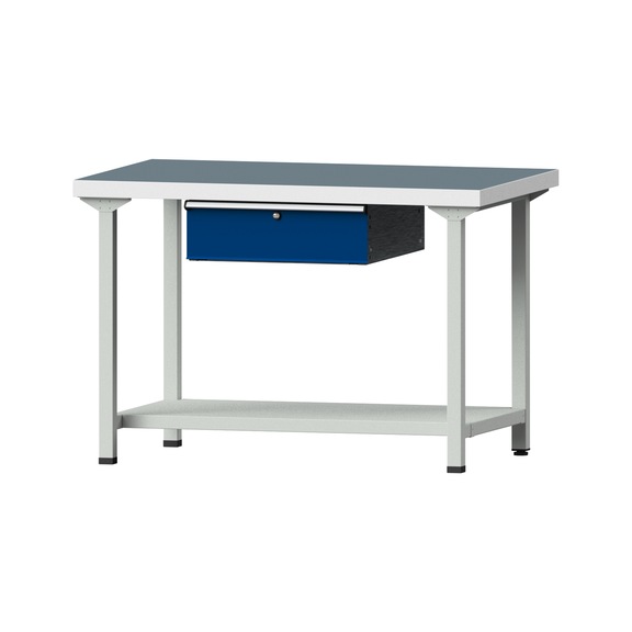 Arbeitstisch, Modell 133, UBP 50 mm, RAL 7035/RAL 5010, 850 x 1270 x 800 mm - Arbeitstisch 1270 mm statisch