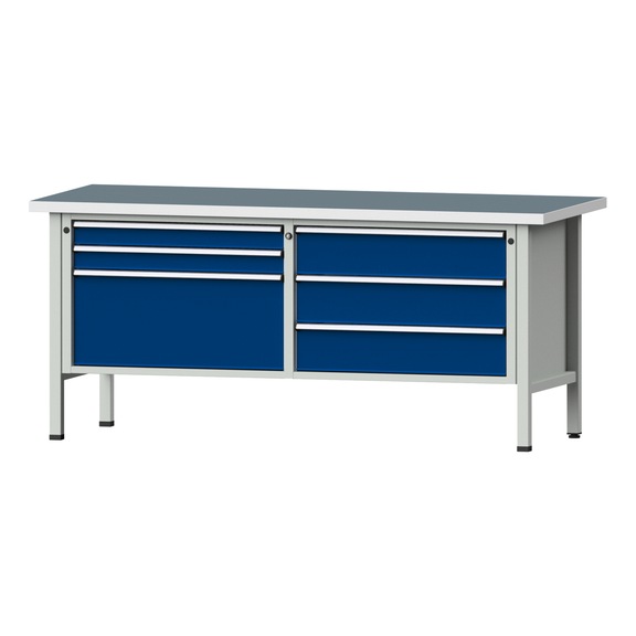 Box workbench VX 2000 mm, model 207, UBP 40 mm, RAL 7035/5010, 890x2000x800 mm - Cabinet workbench V - X 2000 mm 2 blocks