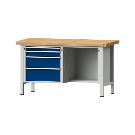 Kastenwerkbank V/T-BL 1500 mm, Modell 341 BMP 50 mm, RAL 7035/5010, 850x1500x700 - Kastenwerkbank V - BL 2 Blöcke Modelle 216 - 409