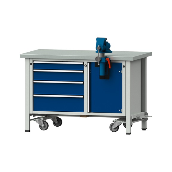 Assembly workbench V/T-BL, model 707, ZBP 40 mm, RAL 7035/5010, 840x1270x700 mm - Assembly workbench roller base