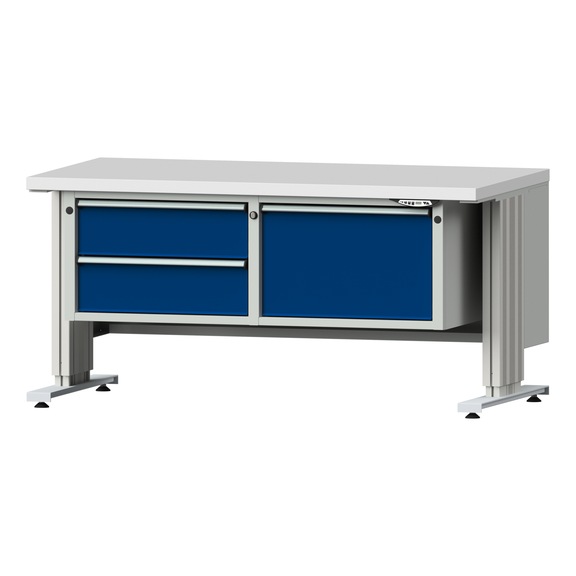 Arbeitstisch LIFT Unterbau breit, Modell 801, KSP 40 mm, RAL 7035/RAL 5010 - Kastenwerkbank LIFT