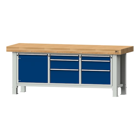 Heavy-duty workbench VS/TS-BL 2250 mm, model 125, BMP 100 mm, RAL 7035/RAL 5010 - Heavy-duty workbench