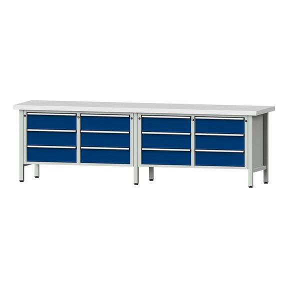 Box workbench V/T-BL 2800 mm, model 108 KSP 50 mm, RAL 7035/5010, 850x2800x700 - Cabinet workbench 4 blocks