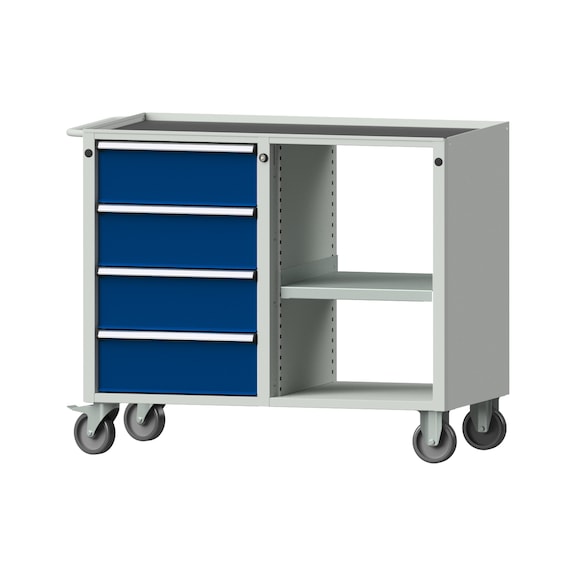 Workshop trolley V/T, model 310, storage tray, RAL 7035/RAL 5010, height 930 mm - Workshop trolley