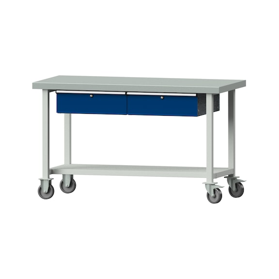 Arbeitstisch, Modell 65, ZBP 50 mm, RAL 7035/RAL 5010, 900 x 1500 x 700 mm - Arbeitstisch 1500 mm fahrbar