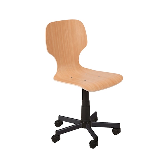 Drehspindelstuhl mit Rollen (Stuhl 5DR), Sitzfläche und Lehne Buche Sperrholz - Arbeitshocker (Werkstatt)