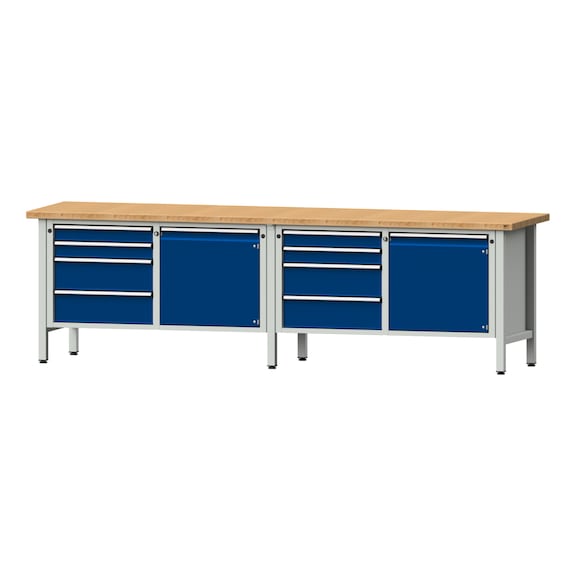 Box workbench V/T-BL 2800 mm, model 131 BMP 40 mm, RAL 7035/5010, 840x2800x700 - Cabinet workbench 4 blocks