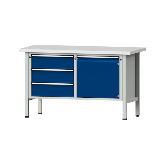 Box workbench V/T-BL 1500 mm, model 106 KSP 40 mm, RAL 7035/5010, 890x1500x700 - Cabinet workbench 2 blocks models 103 - 209