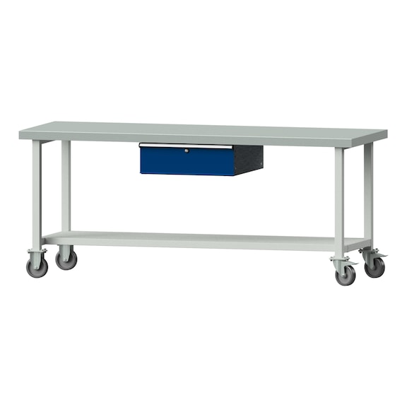 Arbeitstisch, Modell 83, ZBP 50 mm, RAL 7035/RAL 5010, 850 x 2000 x 700 mm - Arbeitstisch 2000 mm fahrbar
