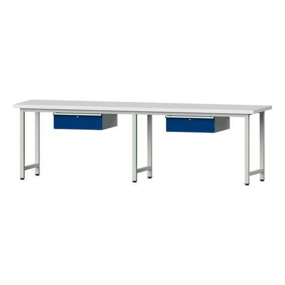 Arbeitstisch, Modell 93, KSP 40 mm, RAL 7035/RAL 5010, 840 x 2800 x 700 mm - Arbeitstisch 2800 mm statisch