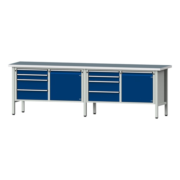 Box workbench V/T-BL 2800 mm, model 131 UBP 40 mm, RAL 7035/5010, 890x2800x700 - Cabinet workbench 4 blocks