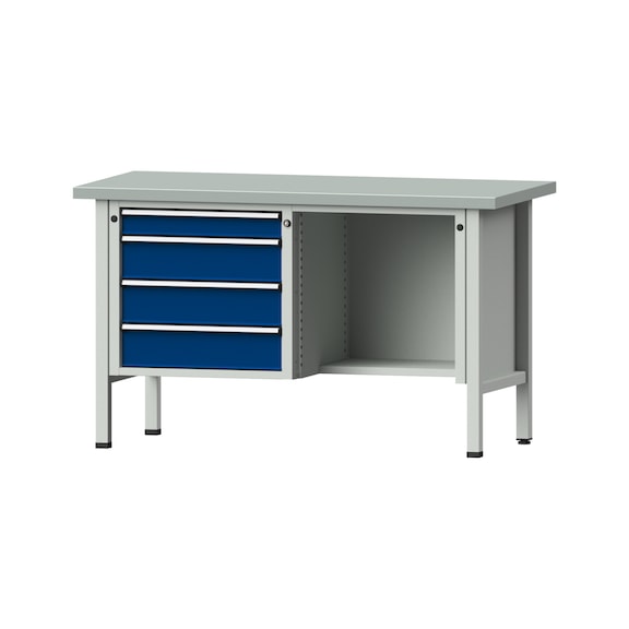 Box workbench V/T-BL 1500 mm, model 349 ZBP 40 mm, RAL 7035/5010, 890x1500x700 - Cabinet workbench 2 blocks models 216 - 409