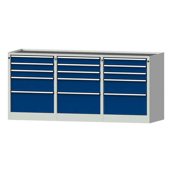 Side cabinet 3xBL, model 310, storage tray, RAL 7035/RAL 5010, height 850 mm - Workshop cupboard