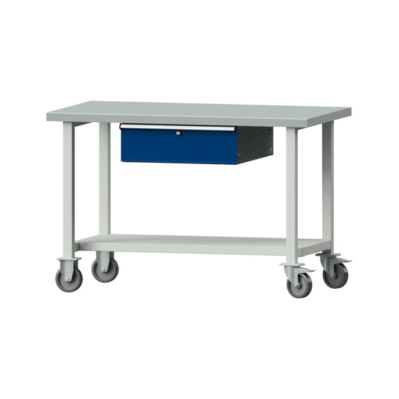 Arbeitstisch, Modell 43, ZBP 40 mm, RAL 7035/RAL 5010, 840 x 1270 x 700 mm - Arbeitstisch 1270 mm fahrbar
