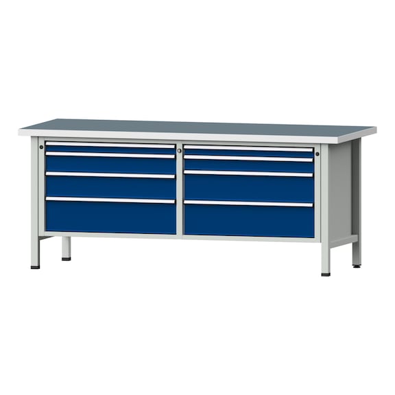 Box workbench VX 2000 mm, model 141, UBP 40 mm, RAL 7035/5010, 840x2000x800 mm - Cabinet workbench V - X 2000 mm 2 blocks