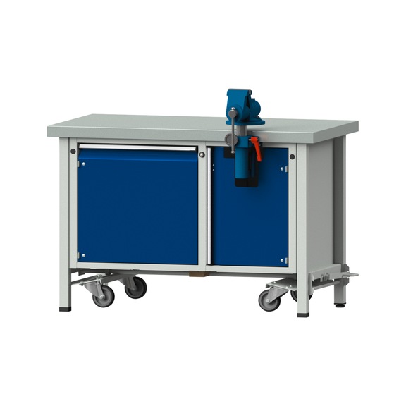 Montagewerkbank V/T-BL, Modell 700, ZBP 50 mm, RAL 7035/5010, 850x1270x700 mm - Montagewerkbank V - BL Fahreinrichtung