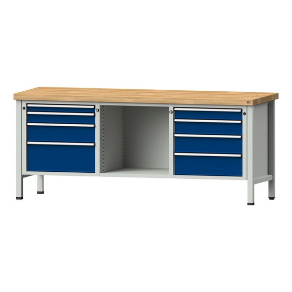 Box workbench V/T-BL 2000 mm, model 127 BMP 50 mm, RAL 7035/5010, 850x2000x700 - Cabinet workbench 3 blocks models 120 - 127