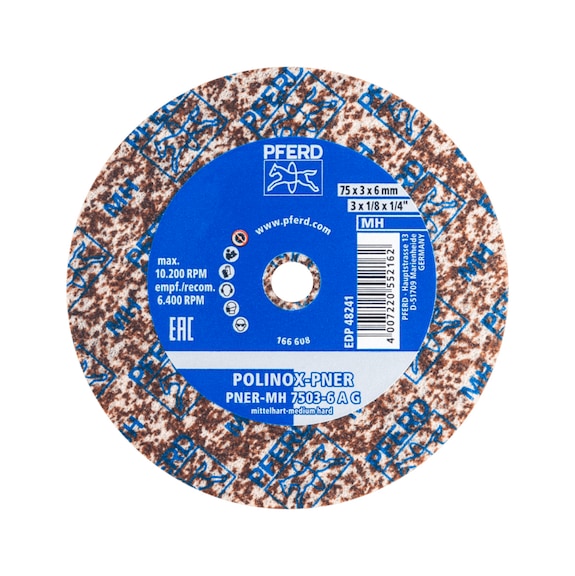 POLINOX pressed fleece wheel PNER diameter 75x3 mm bore 6 mm medium hard A - Non-woven grinding wheel