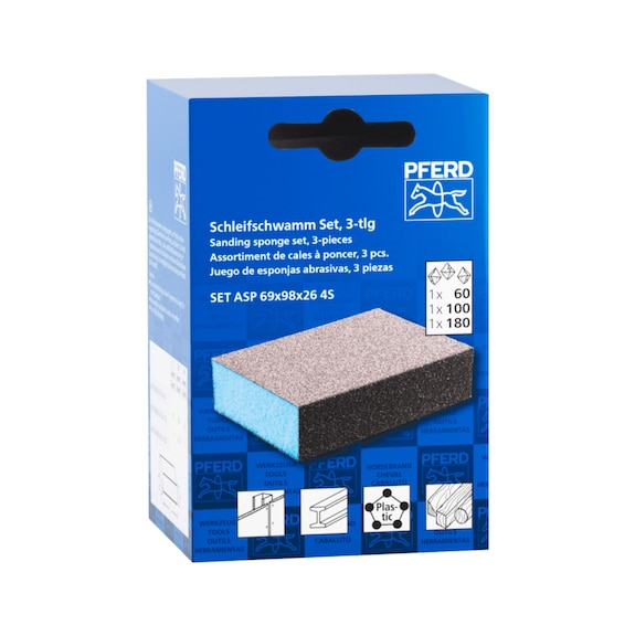 Waterproof sanding sponge set, 3 pieces, 69x98x26 mm A60, A100, A180, four-sided - Grinding sponge