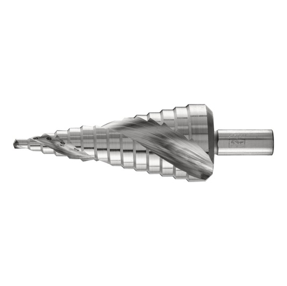 HSSE Co5 step drill 14 drilling stages Diameter 4-30 mm 3-flute shank 10 mm - Step drill with morse taper