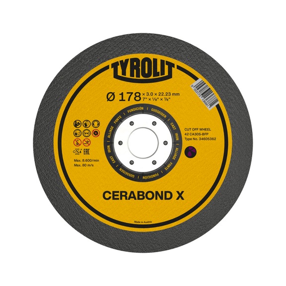 TYROLIT CERABOND X offset cutting disc 178x3x22.23 mm CA30 cast - Cutting-off wheel