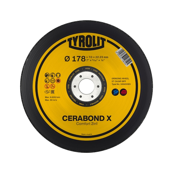TYROLIT Roughing disc CERABOND X COMFORT 178x7x22.23 mm CA24P Steel/Stainless steel - Roughing grinding wheel
