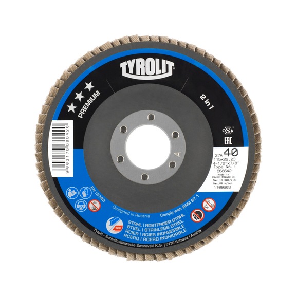 TYROLIT F&auml;cherscheibe gekr&ouml;pft 115x22,2 mm ZA40 PREMIUM Stahl/Inox - F&auml;cherschleifscheibe