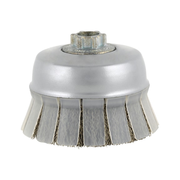 TYROLIT Cup brush SHIELD 75x20xM14-2 crimped wire E0.3 mm PREMIUM Inox - Sanding pin and sanding object with threaded attachment (shaft)