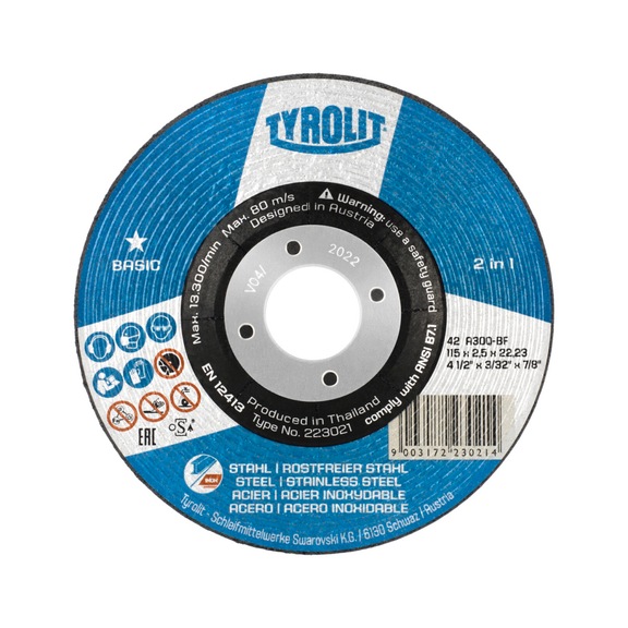 TYROLIT Angled cutting disc 115x2.5x22.23 mm A30 Steel/Stainless steel - Cutting-off wheel