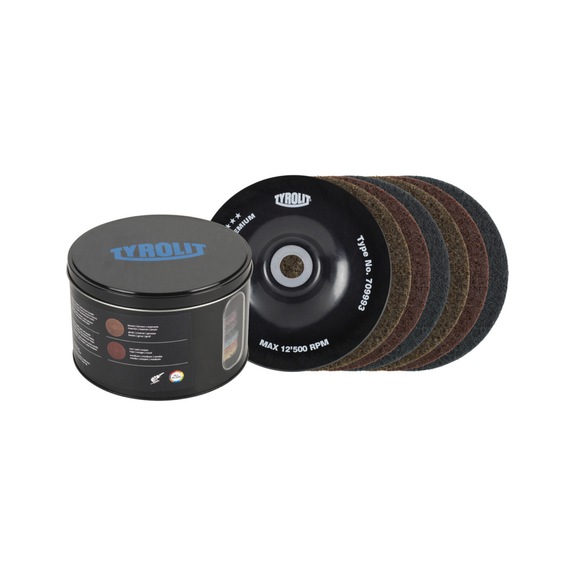 TYROLIT SCM Vliesscheibenset 125x105x22,23mm PREMIUM universell 6 Scheiben 1 St&uuml;tzteller - Vlies-Schleifscheibe