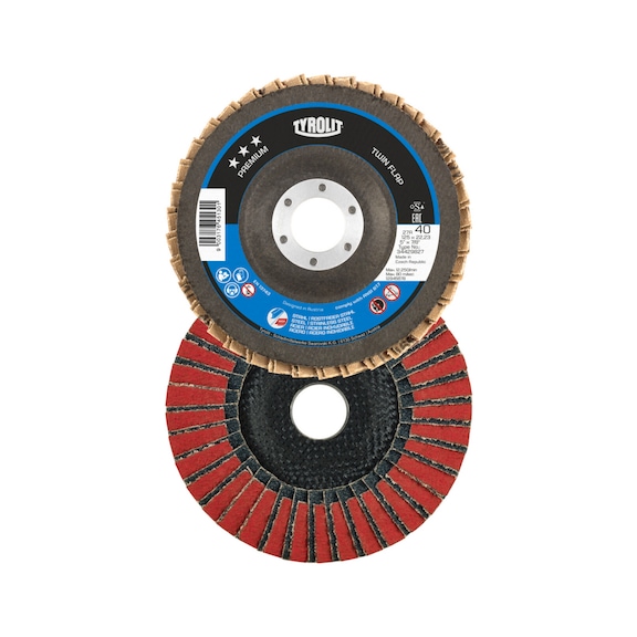 TYROLIT TWIN FLAP vane disc, straight, 115x22.23 mm, CA40 PREMIUM steel/stainless steel 34429829 - Flap grinder wheel