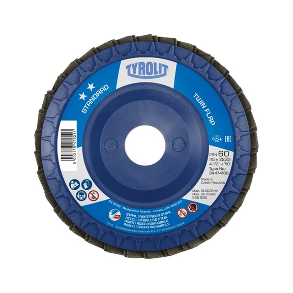 TYROLIT TWIN FLAP fan disc, straight, 115x22.23 mm, ZA40 STANDARD, steel/stainless steel 34474187 - Flap grinder wheel